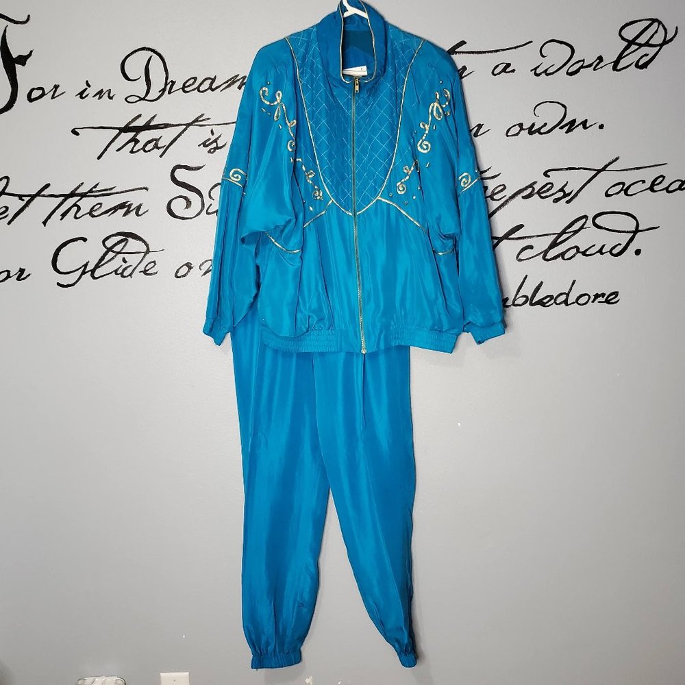 Vintage Turquoise  80s Silk Track Suit, Bocoo, large